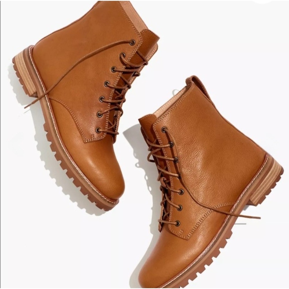 Madewell Clair Combat Boot English Saddle Brown Leather Lace Up AF068 NEW 5.5